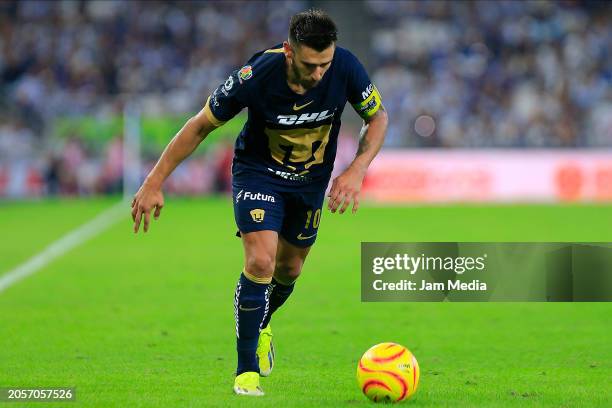 Eduardo Salvio of Pumas drives the ball during the 10th round match between Monterrey and Pumas UNAM as part of the Torneo Clausura 2024 Liga MX at...