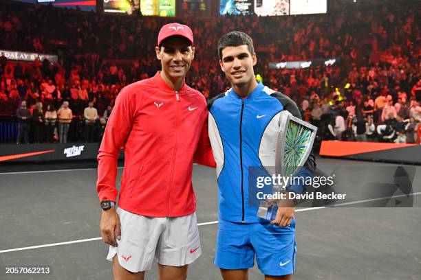 Rafael Nadal and Carlos Alcaraz pose for a photo during The Netflix Slam, a live Netflix Sports event at the MGM Resorts | Michelob Ultra Arena on...