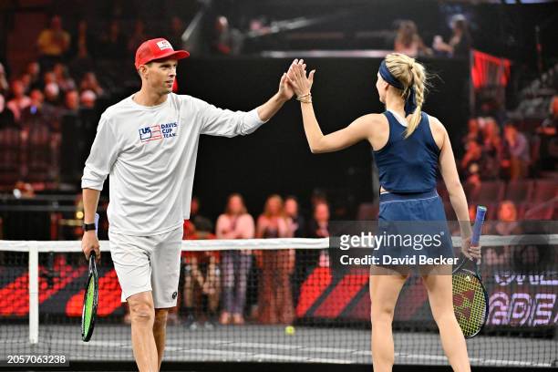 Mike Bryan and Genie Bouchard participate in the Doubles match during The Netflix Slam, a live Netflix Sports event at the MGM Resorts | Michelob...