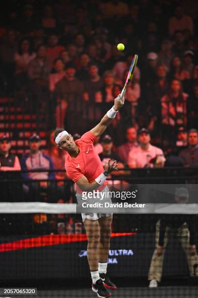 Rafael Nadal competes in The Netflix Slam, a live Netflix Sports event at the MGM Resorts | Michelob Ultra Arena on March 03, 2024 in Las Vegas,...