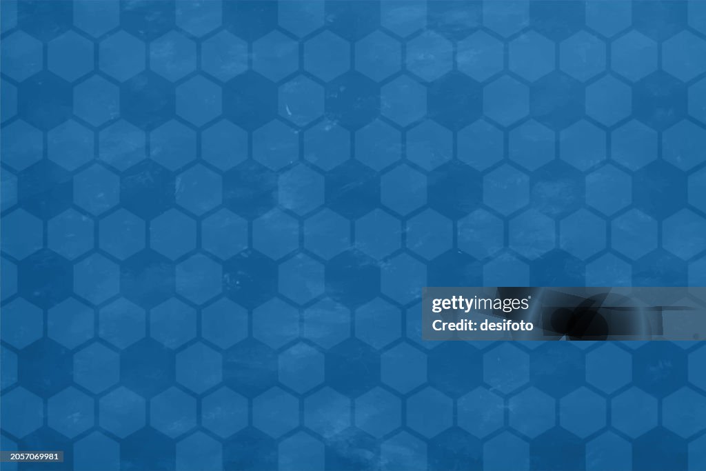 Empty blank pastel rustic retro style blue colored grunge textured scratched whitewashed wall, canvas horizontal monochrome vector background with repeated connected hexagon shapes repeating pattern allover making a grid network connection