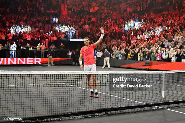 Rafael Nadal waves to the crowd during The Netflix Slam, a live Netflix Sports event at the MGM Resorts | Michelob Ultra Arena on March 03, 2024 in...