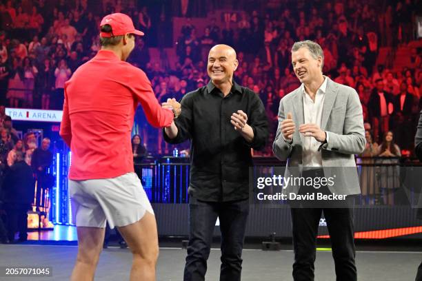 Rafael Nadal, Andre Agassi and Greg Peter attend The Netflix Slam, a live Netflix Sports event at the MGM Resorts | Michelob Ultra Arena on March 03,...