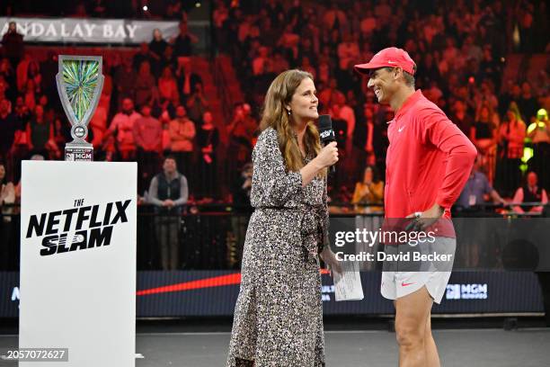 Mary Joe Fernández and Rafael Nadal speak during The Netflix Slam, a live Netflix Sports event at the MGM Resorts | Michelob Ultra Arena on March 03,...