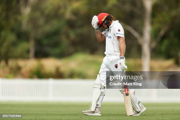 Thomas Kelly of South Australia walks from the field after being dismissed during the Sheffield Shield match between New South Wales and South...