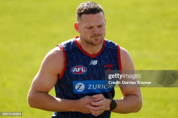 Steven May of the Demons is seen during a Melbourne Demons AFL training session at Casey Fields on March 04, 2024 in Melbourne, Australia.