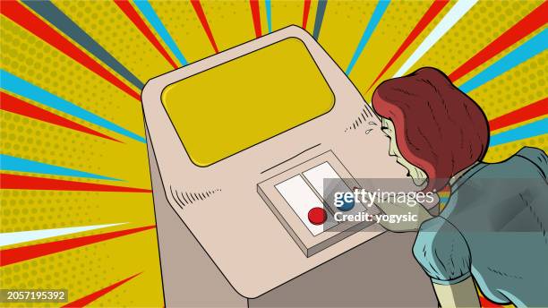 bildbanksillustrationer, clip art samt tecknat material och ikoner med vector pop art sweating woman choosing button meme stock illustration - emergencies and disasters stock illustrations