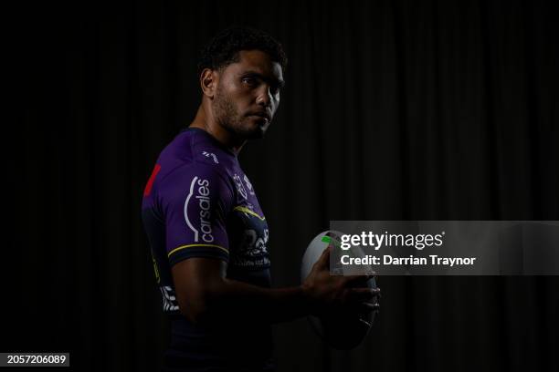 Xavier Coates poses for a photo during a Melbourne Storm NRL media opportunity at AAMI Park on March 04, 2024 in Melbourne, Australia.