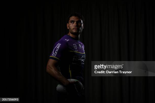 Xavier Coates poses for a photo during a Melbourne Storm NRL media opportunity at AAMI Park on March 04, 2024 in Melbourne, Australia.