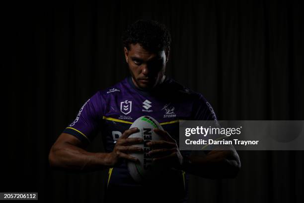 Xavier Coates poses for a photo during a Melbourne Storm NRL media opportunity at AAMI Park on March 04, 2024 in Melbourne, Australia.