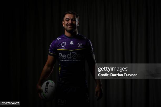 Jahrome Hughes poses for a photo during a Melbourne Storm NRL media opportunity at AAMI Park on March 04, 2024 in Melbourne, Australia.