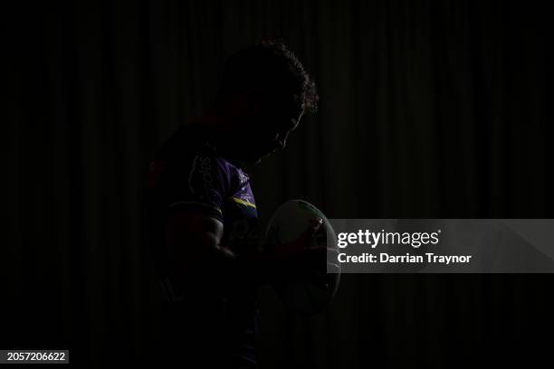 Jahrome Hughes poses for a photo during a Melbourne Storm NRL media opportunity at AAMI Park on March 04, 2024 in Melbourne, Australia.