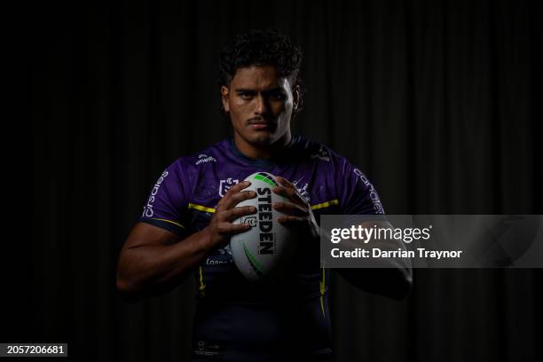 Shawn Blore poses for a photo during a Melbourne Storm NRL media opportunity at AAMI Park on March 04, 2024 in Melbourne, Australia.
