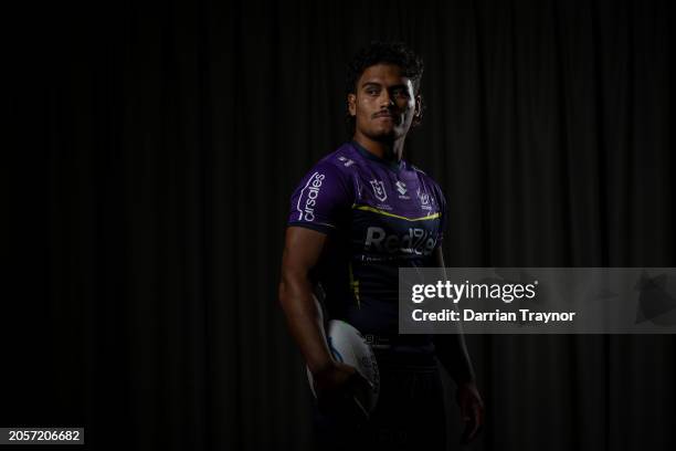 Shawn Blore poses for a photo during a Melbourne Storm NRL media opportunity at AAMI Park on March 04, 2024 in Melbourne, Australia.