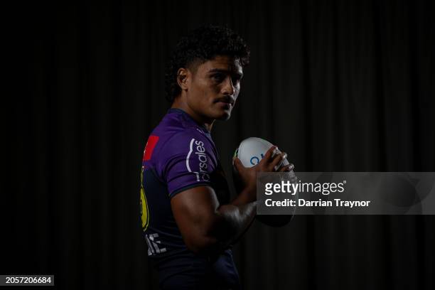 Shawn Blore poses for a photo during a Melbourne Storm NRL media opportunity at AAMI Park on March 04, 2024 in Melbourne, Australia.