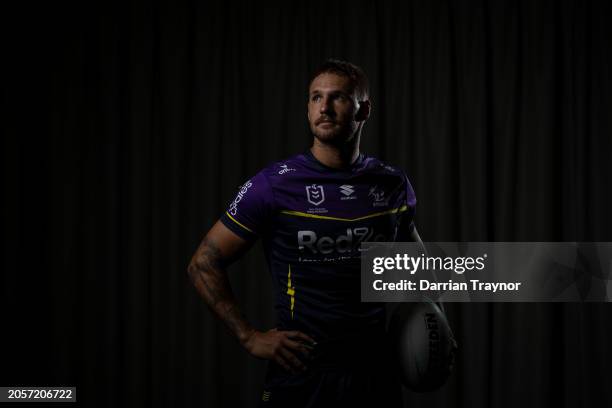 Tristan Powell poses for a photo during a Melbourne Storm NRL media opportunity at AAMI Park on March 04, 2024 in Melbourne, Australia.