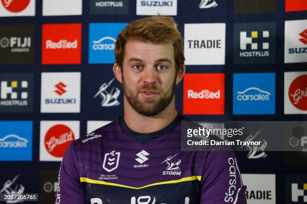 Christian Welch speaks to the media during a Melbourne Storm NRL media opportunity at AAMI Park on March 04, 2024 in Melbourne, Australia.