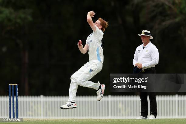 Jack Nisbet of New South Wales bowls during the Sheffield Shield match between New South Wales and South Australia at Cricket Central, on March 04 in...