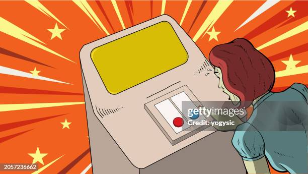 bildbanksillustrationer, clip art samt tecknat material och ikoner med vector pop art sweating woman choosing button meme stock illustration - emergencies and disasters stock illustrations