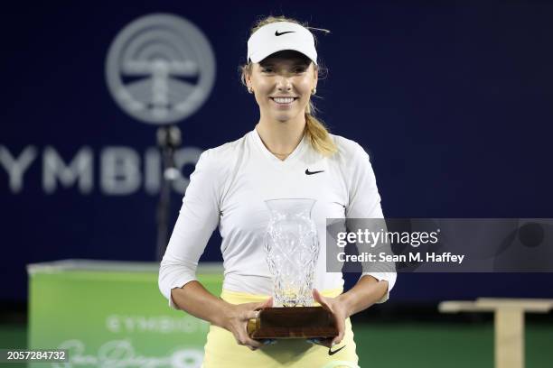 Katie Boulter of Great Britain poses with tournament trophy after defeating Marta Kostyuk in the Cymbiotika San Diego Open 2024 Singles Final at...