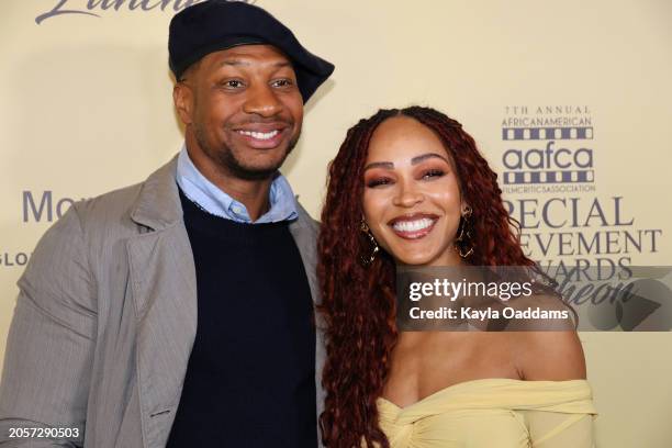 Meagan Good and Jonathan Majors attend the AAFCA Special Achievement Honorees Luncheon at The Los Angeles Athletic Club on March 03, 2024 in Los...