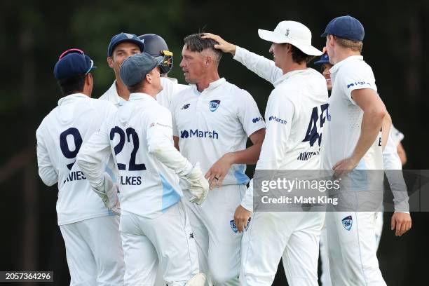 Chris Tremain of New South Wales celebrates with team mates after taking the wicket of Nathan McSweeney of South Australia during the Sheffield...