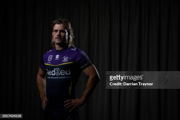 Ryan Papenhuyzen poses for a photo during a Melbourne Storm NRL media opportunity at AAMI Park on March 04, 2024 in Melbourne, Australia.