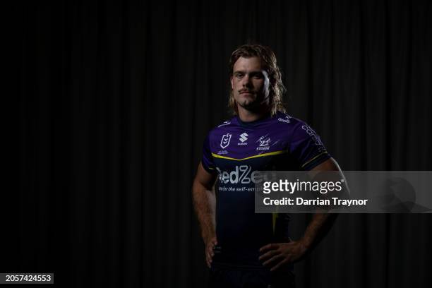 Ryan Papenhuyzen poses for a photo during a Melbourne Storm NRL media opportunity at AAMI Park on March 04, 2024 in Melbourne, Australia.