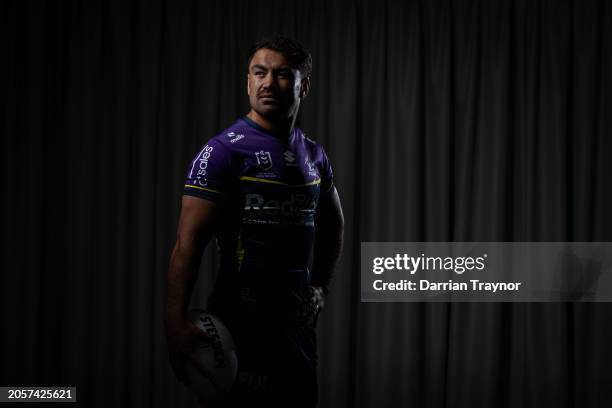 Jahrome Hughes poses for a photo during a Melbourne Storm NRL media opportunity at AAMI Park on March 04, 2024 in Melbourne, Australia.