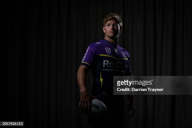 Harry Grant poses for a photo during a Melbourne Storm NRL media opportunity at AAMI Park on March 04, 2024 in Melbourne, Australia.