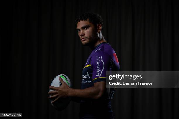 Xavier Coates poses for a photo during a Melbourne Storm NRL media opportunity at AAMI Park on March 04, 2024 in Melbourne, Australia.