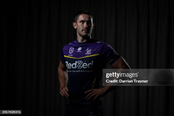 Nick Meaney poses for a photo during a Melbourne Storm NRL media opportunity at AAMI Park on March 04, 2024 in Melbourne, Australia.