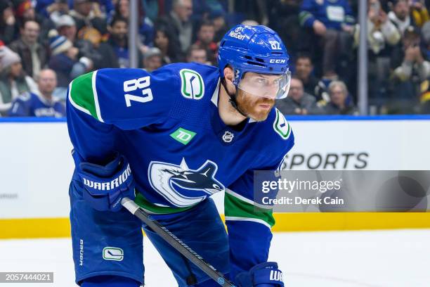 Ian Cole of the Vancouver Canucks waits for a face-off during the third period of their NHL game against the Pittsburgh Penguins at Rogers Arena on...