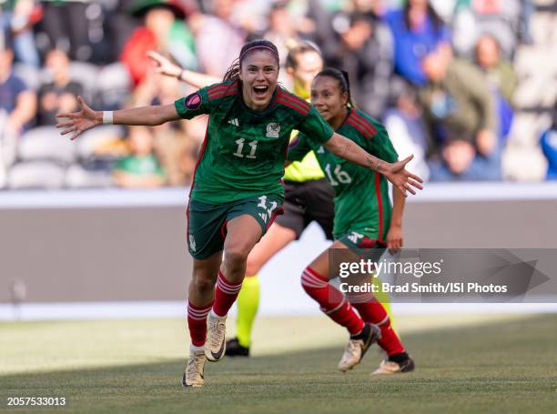 Jacqueline Ovalle of Mexico celebrates her goal during a 2024 Concacaf W Gold Cup quarterfinal match between Mexico and Paraguay at BMO Stadium on...