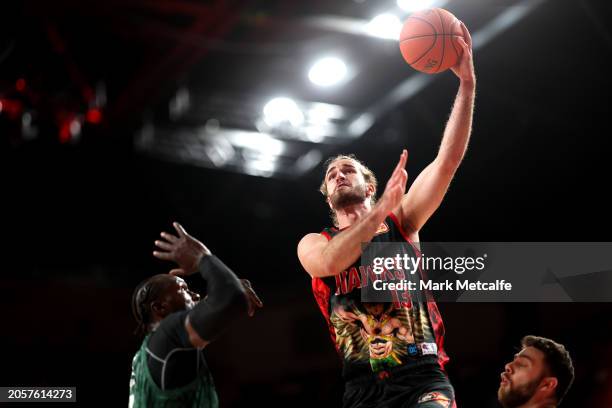 Sam Froling of the Hawks lays up during the NBL Play-In Qualifier match between Illawarra Hawks and New Zealand Breakers at WIN Entertainment Centre,...