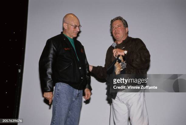British actor Patrick Stewart and Canadian actor William Shatner during a panel discussion at the Grand Slam VI Star Trek Convention, Pasadena Civic...