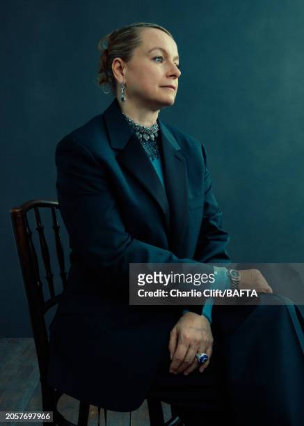 Actor Samantha Morton, photographed backstage at the 2024 EE BAFTA Film Awards, held at The Royal Festival Hall on February 18, 2024 in London,...
