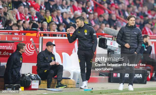 Assistant coach Sven Bender of Borussia Dortmund, Assistant coach Sebastian Geppert of Borussia Dortmund, Assistant coach Nuri Sahin of Borussia...