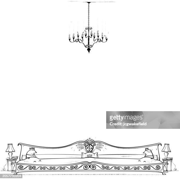 king and queen in long bed - antique furniture stock illustrations