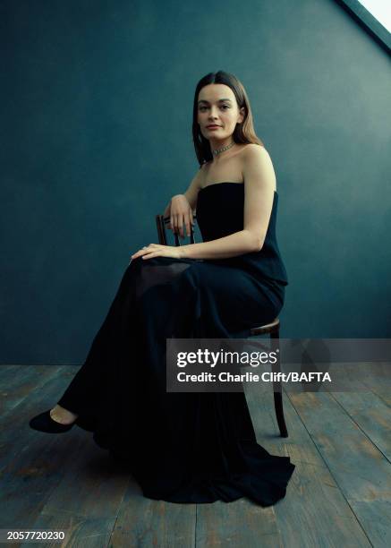 Actor Emma Mackey, photographed backstage at the 2024 EE BAFTA Film Awards, held at The Royal Festival Hall on February 18, 2024 in London, England.