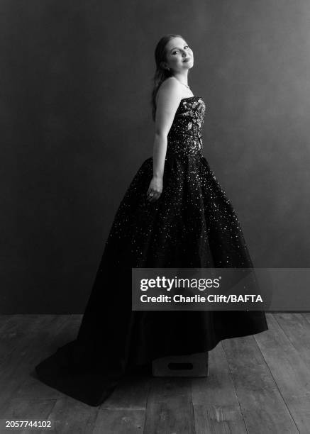 Actor Mia Mckenna-Bruce photographed backstage at the 2024 EE BAFTA Film Awards, held at The Royal Festival Hall on February 18, 2024 in London,...