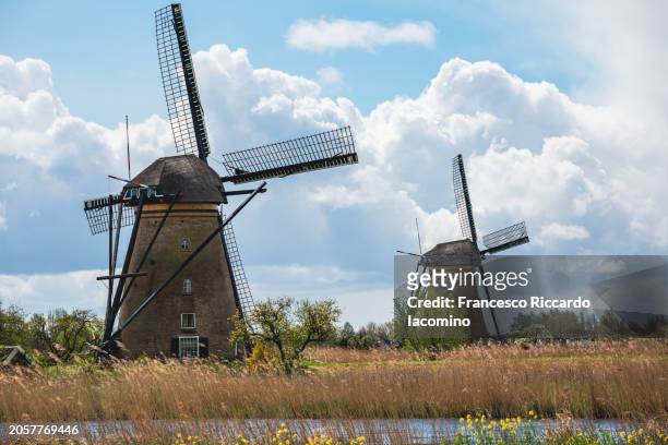 dutch windmills by waterfront. kinderdijk - iacomino netherlands stock pictures, royalty-free photos & images