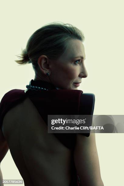 Actor Cate Blanchett is photographed backstage at the 2024 EE BAFTA Film Awards, held at The Royal Festival Hall on February 18, 2023 in London,...