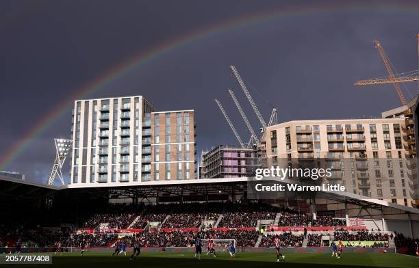 Rainbow appears during the Premier League match between Brentford FC and Chelsea FC at Brentford Community Stadium on March 02, 2024 in Brentford,...