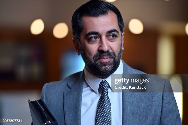 First Minister Humza Yousaf makes his way to First Minister's Questions in the Scottish Parliament, on March 7, 2024 in Edinburgh, Scotland.