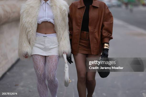 Damla Kalaycık seen wearing Jacquemus white zip cropped shirt, Miu Miu creamy white shorts skirt with white cotton boxer shorts, Mango white lace...