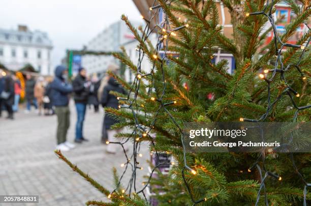 christmas tree close up in the christmas market - malmo stock pictures, royalty-free photos & images