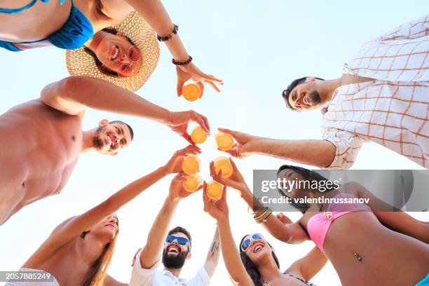 amis encourageant avec la bière sur la plage - fête de plage photos et images de collection