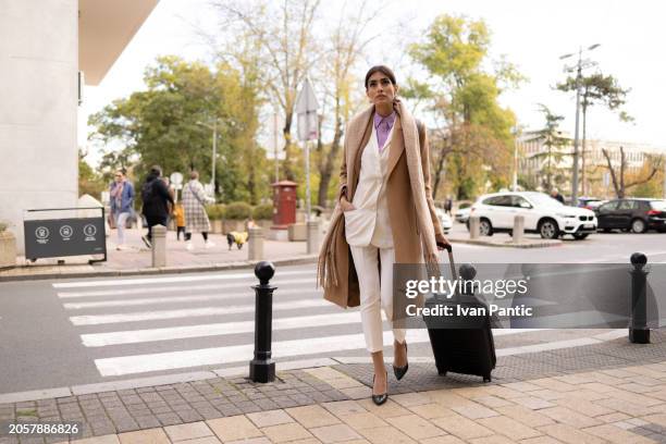 elegant female entrepreneur walking with a suitcase on the street. - entrepreneur stockfoto's en -beelden