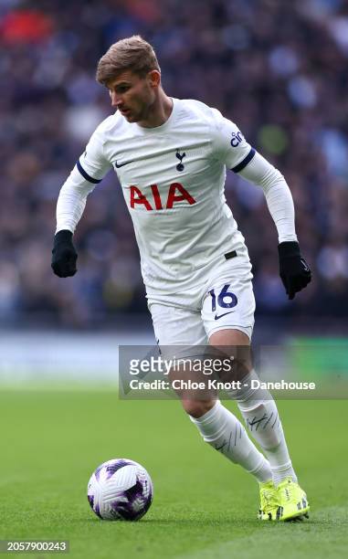 Timo Werner of Tottenham Hotspur controls the ball during the Premier League match between Tottenham Hotspur and Crystal Palace at Tottenham Hotspur...